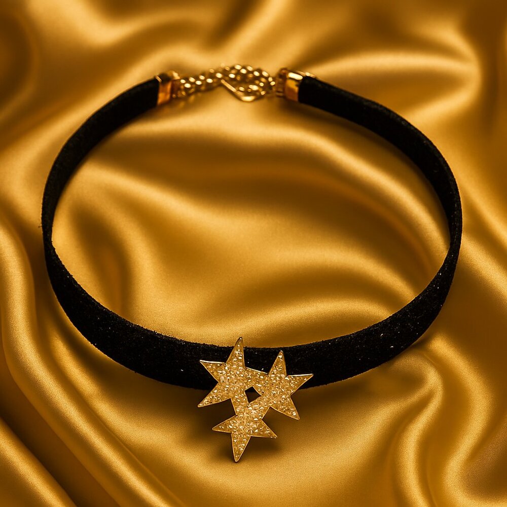 Black Glitter Choker – Gold Crystal Starburst Pendant Necklace - Women's Jewelry